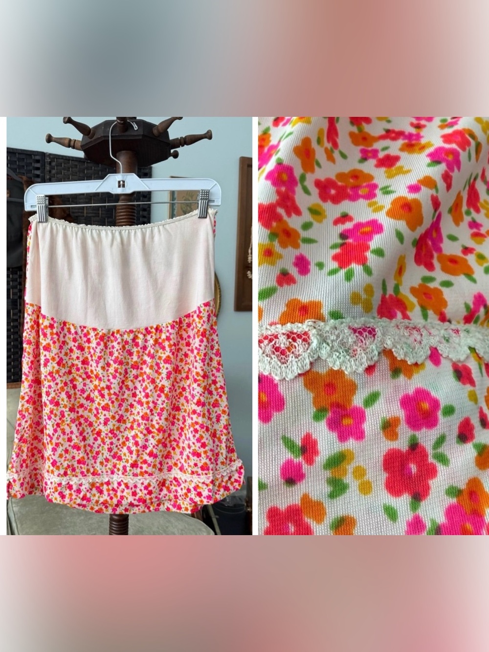 🌸 Vintage Royal-T Maternity Floral Nylon Skirt Petite Pink Orange Cottagecore
